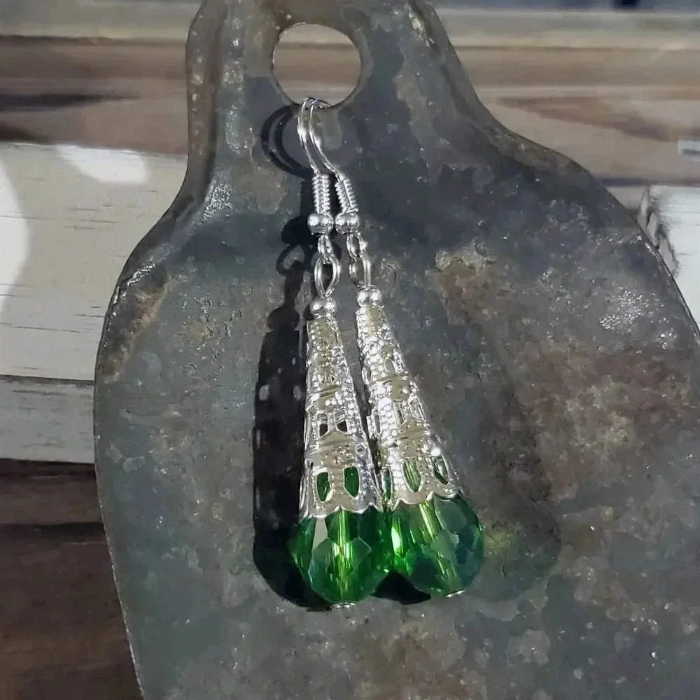 Hand Crafted Caged Filigree Faceted Green Crystal Silver Teardrop Earrings